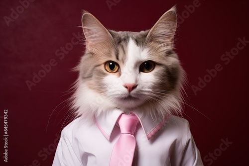 Illustration of Cute smart fluffy cat wearing a shirt with a pink tie on a dark red background © Маргарита Вайс