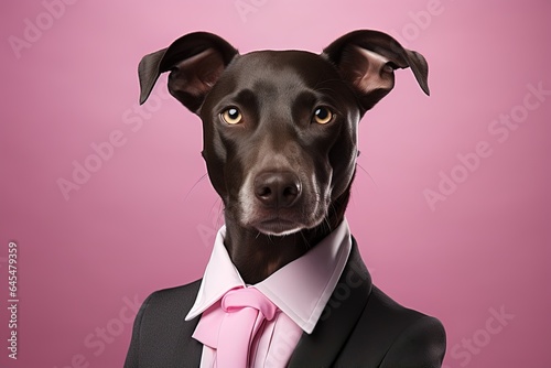 Illustration of Cute smart thin dog in a business suit with a pink shirt and tie on a pink background © Маргарита Вайс