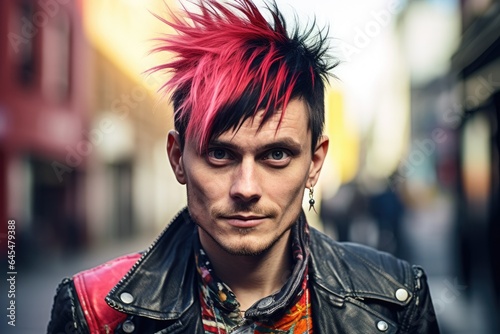 Portrait of a man with a pink mohawk hairstyle.