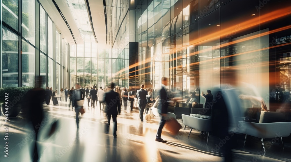 People walking through a busy lobby