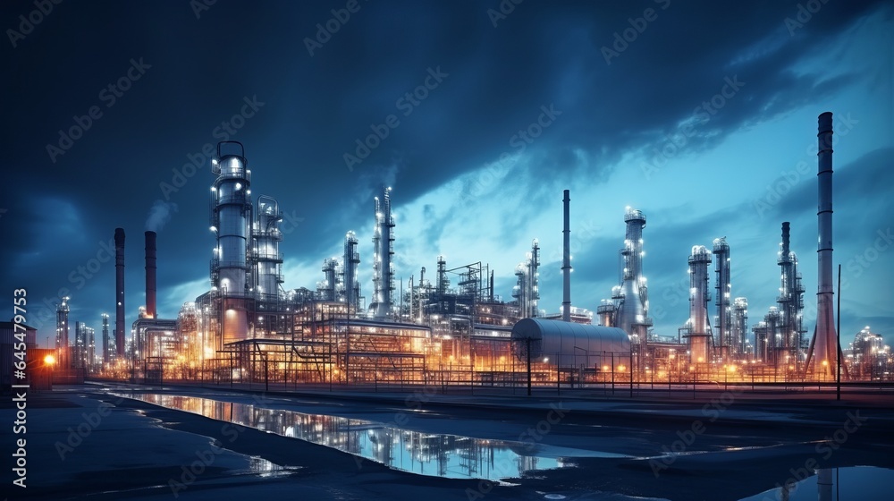 An illuminated oil refinery at night