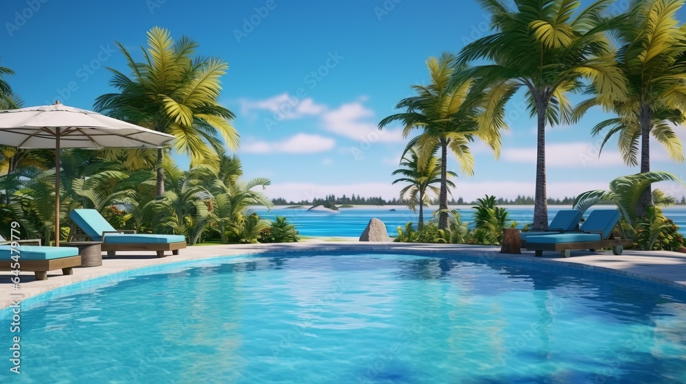 A stunning outdoor swimming pool oasis with lush palm trees A stunning outdoor swimming pool oasis with lush palm trees