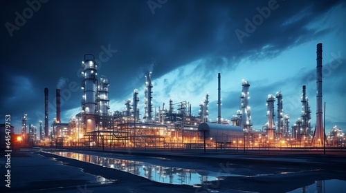 An illuminated oil refinery at night