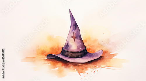 Cute Halloween Themed Witch's or Wizard's Hat - Simple and Minimalist Watercolor - Isolated on White Background - Children's Illustration Art Style with Copy Space photo