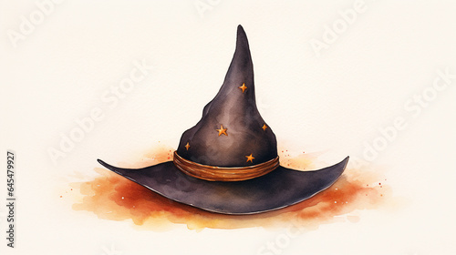 Cute Halloween Themed Witch's or Wizard's Hat - Simple and Minimalist Watercolor - Isolated on White Background - Children's Illustration Art Style with Copy Space photo