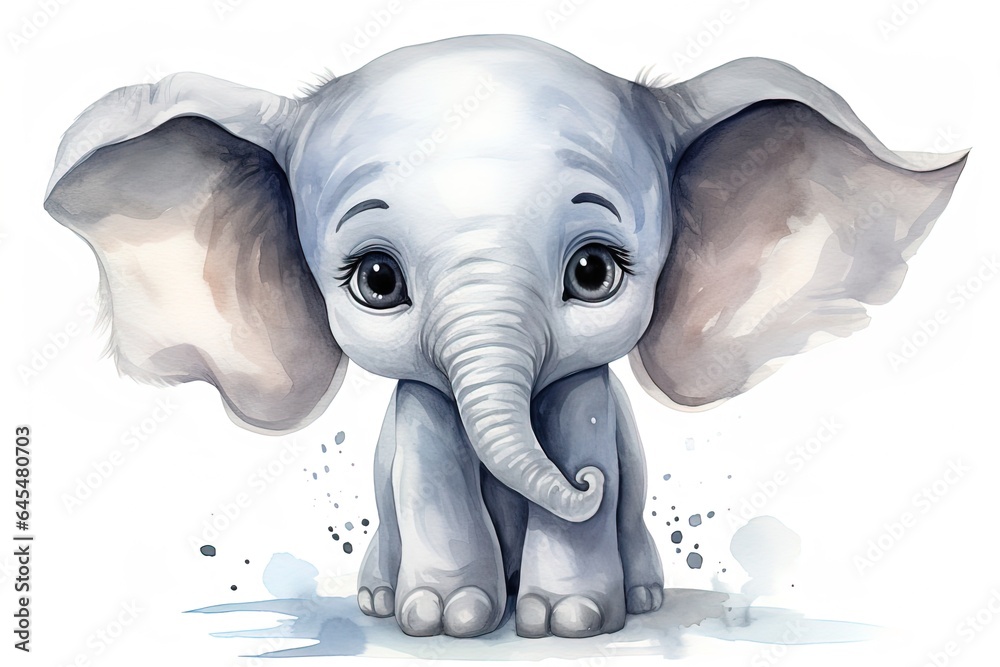 watercolor illustration of cute naive cartoon baby elephant on white background