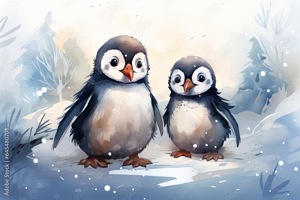 Obraz premium watercolor illustration two cute cartoon penguins on the snow