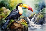 watercolor illustration of a toucan in tropical forest and waterfall