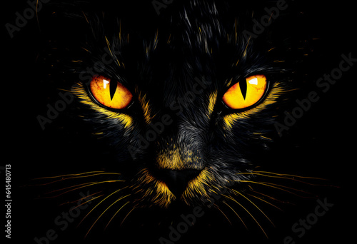 Bright glowing cats eyes against a dark background. Halloween eyes