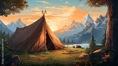 An illustration of a tent in the middle of a mountain