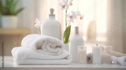 A clean and organized white table with neatly stacked white towels