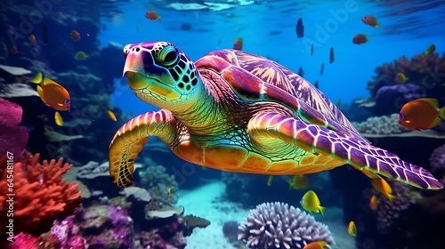 A majestic green turtle gracefully swimming over a vibrant coral reef