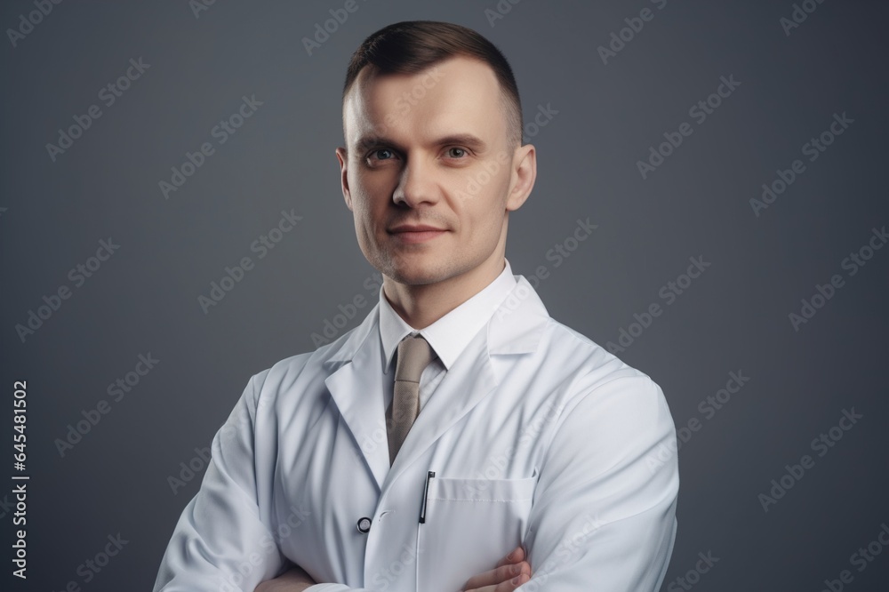 Healthcare, medical staff concept. Portrait of smiling male doctor posing with crossed arms on gray background, free space. Professional general practitioner. Generative ai Healthcare, medical staff concept. Portrait of smiling male doctor posing with crossed arms on gray background, free space. Professional general practitioner. Generative ai