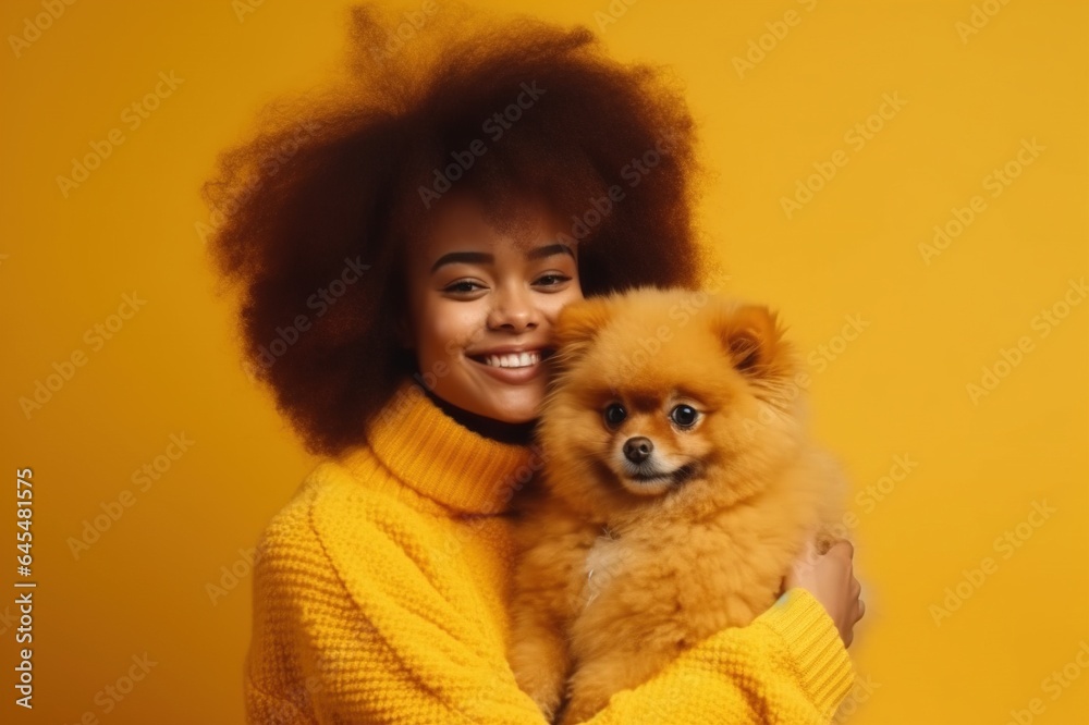 happy afro girl gets a cute puppy, plays and lovingly hugs her four-legged friend, stands on a yellow background, wears a knitted yellow jumper. A woman hugs a Pomeranian Spitz. Generative AI happy afro girl gets a cute puppy, plays and lovingly hugs her four-legged friend, stands on a yellow background, wears a knitted yellow jumper. A woman hugs a Pomeranian Spitz. Generative AI