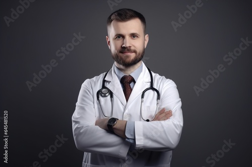 Healthcare, medical staff concept. Portrait of smiling male doctor posing with crossed arms on gray background, free space. Professional general practitioner. Generative ai