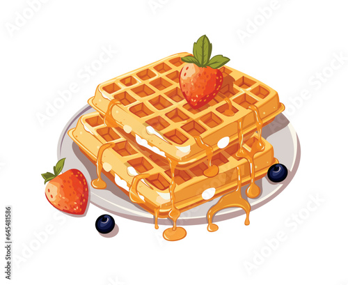 Waffle with strawberry and cherry decorated with caramel vector illustration manually created