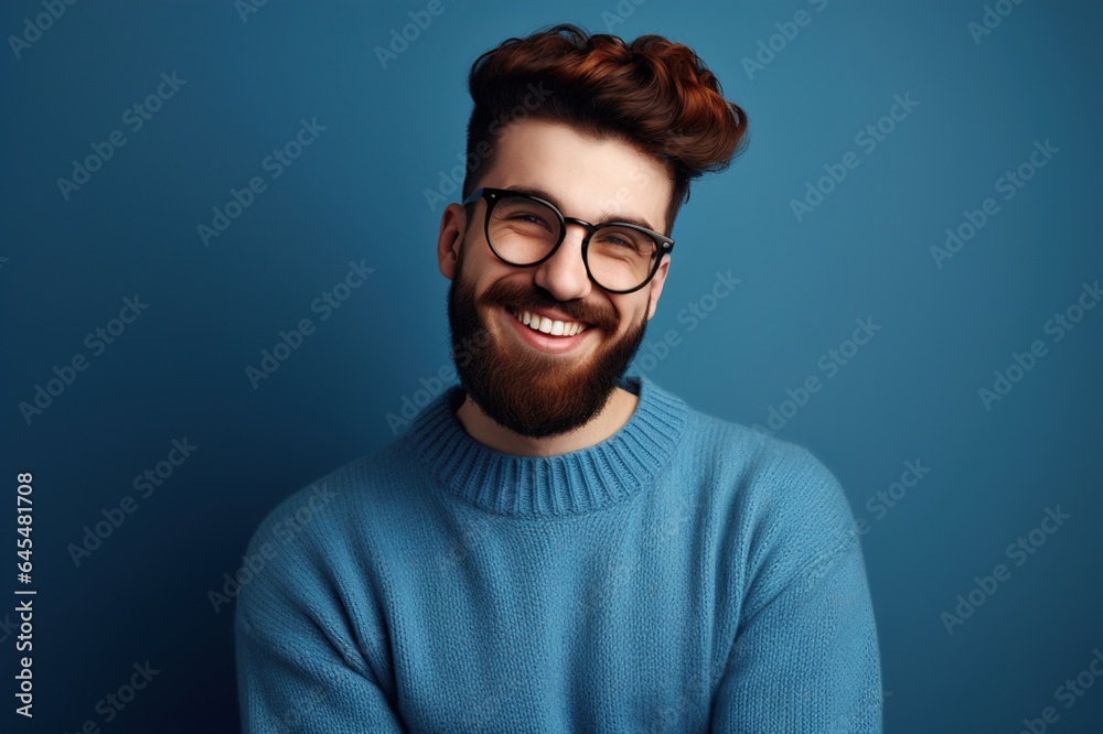 Fototapeta premium Young handsome man with a beard in a sweater and glasses on a blue background, happy face smiling, looking at the camera. A positive person. Generative AI
