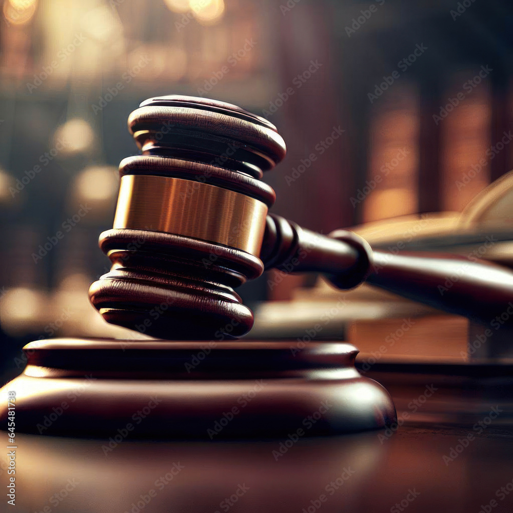 Illustration. Judge's wooden gavel on table against blurred background, legal decision concept. Generative AI.