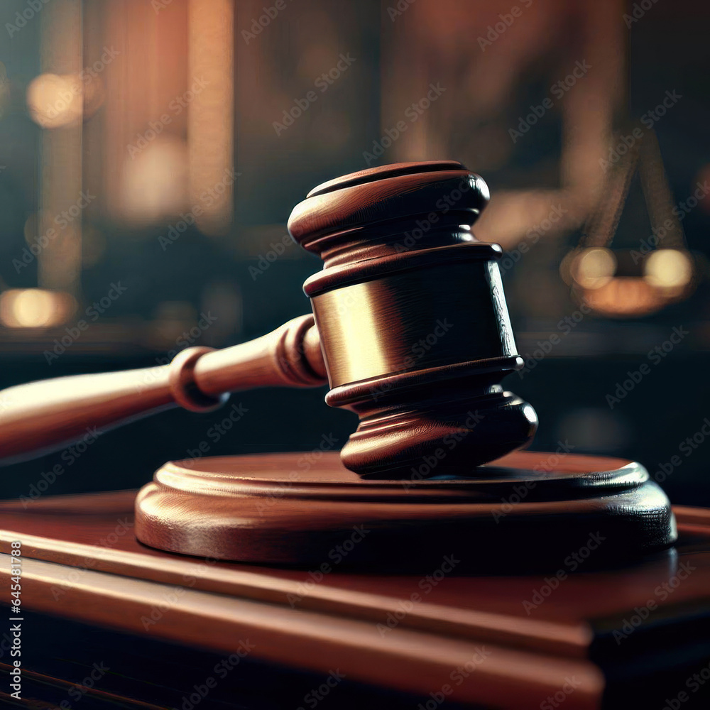 Illustration. Judge's wooden gavel on table against blurred background, legal decision concept. Generative AI. Illustration. Judge's wooden gavel on table against blurred background, legal decision concept. Generative AI.