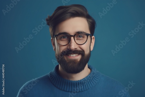 Young handsome man with a beard in a sweater and glasses on a blue background, happy face smiling, looking at the camera. A positive person. Generative AI © inna717