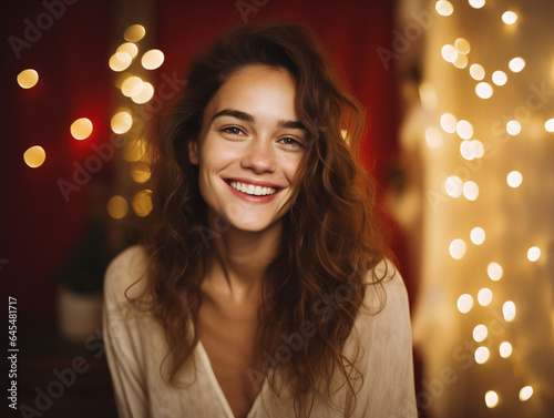 Portrait of happy beautiful young woman celebrating Christmas