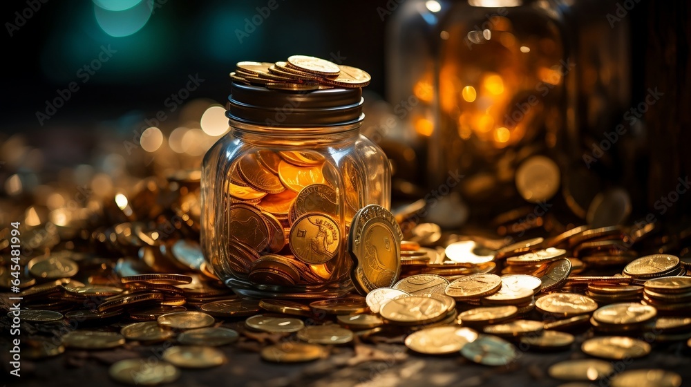 Glass jar with coins. A vintage steampunk-inspired golden coins. - obrazy, fototapety, plakaty 