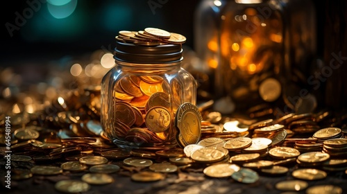 Glass jar with coins. A vintage steampunk-inspired golden coins. photo