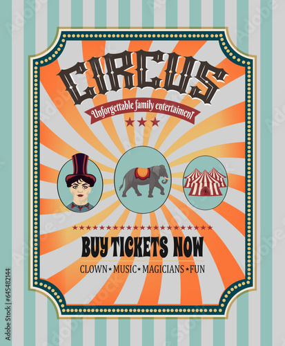 Сircus. Vector vintage illustrations of acrobat, circus tent,  elephant, retro poster, background and ticket 2023