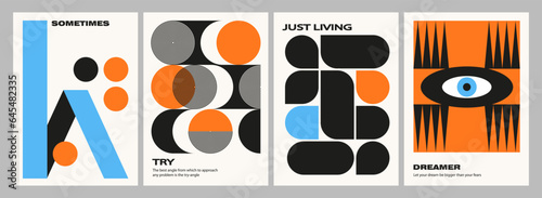 A set of minimalistic posters for the interior in the Bauhaus style. Retro art with motivational quotes. Geometric bright shapes