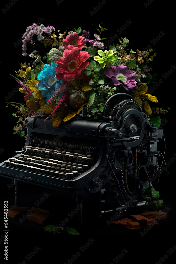 Obraz premium A typewriter with a bunch of flowers. Muse. Writer inspiration. Generative AI