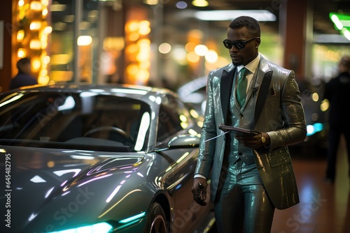 Male model in a retro-futuristic suit, and sleek hovercar. © Mustafa