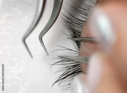 Correct application of 2d, 3d, 4d, 5d volume cluster fans artificial lashes. Eyelash Extension Direction Guide. Tips and tricks for application beauty salon procedure and treatment