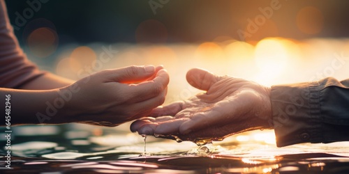 An Elderly Hand and a Young Hand Holding Each Other Against a Blurred Lake Background, Signifying Care for Both Water and the Well-being of Older People