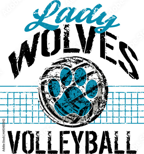 distressed lady wolves volleyball team design with paw print and net for school, college or league sports