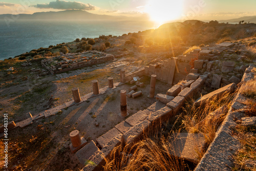 Ruins of the old Greek town Assos (Behramkale) at sundown, Canakkale, Turkey