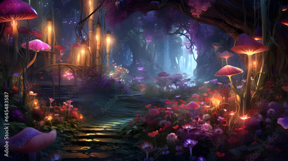 Naklejka premium Magical fairy fantasy wood, large trees, flowers and mushrooms, late at night