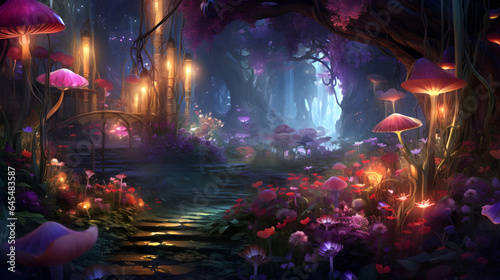 Magical fairy fantasy wood, large trees, flowers and mushrooms, late at night © mashimara