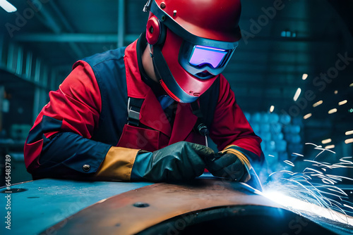 Male in face mask welds with argon arc welding.