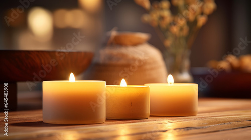 Three lit candles on a wooden table