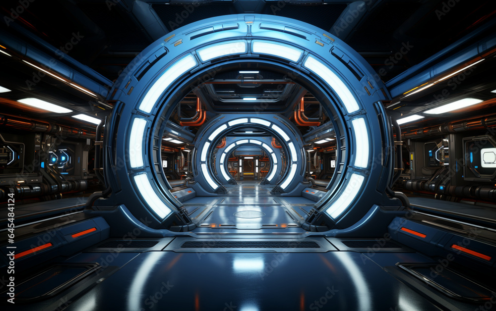 Spaceship corridor. Futuristic tunnel with light, laboratory, spaceship interior, futuristic portal, Generative AI