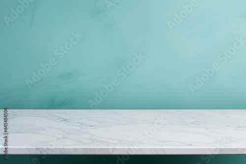 simple light blue color wall with marble shelf for product photography