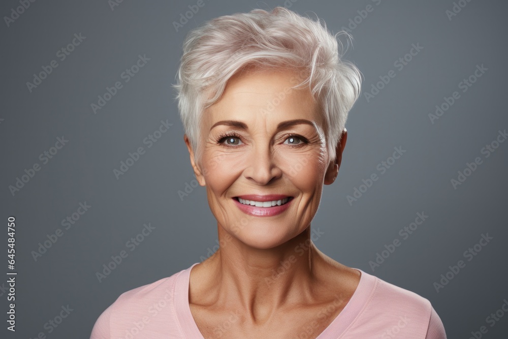 Close up of Beautiful Healthy Senior European Woman with Pixie Haircut on Gray Copy Space. Close up of Beautiful Healthy Senior European Woman with Pixie Haircut on Gray Copy Space.