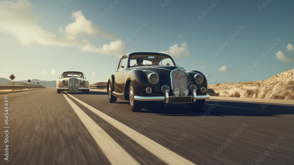 Timeless Elegance Meets Modern Swiftness: Vintage Car Overtaking with a Time Warp Twist, Nostalgia in Motion.