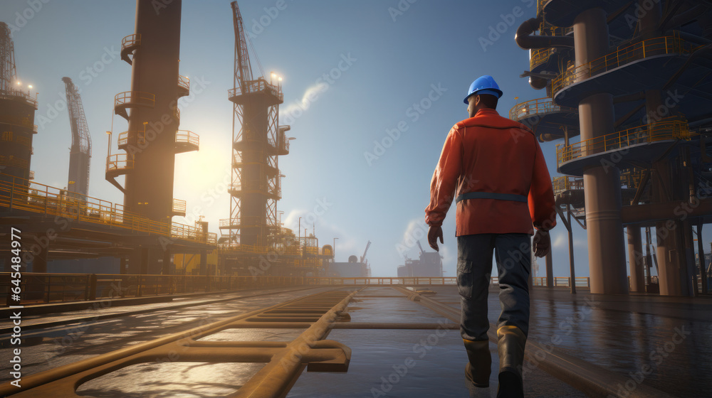Journey to the Rig: Offshore Oil Worker Approaches Hazardous Maintenance Area at Oil and Gas Facility Journey to the Rig: Offshore Oil Worker Approaches Hazardous Maintenance Area at Oil and Gas Facility
