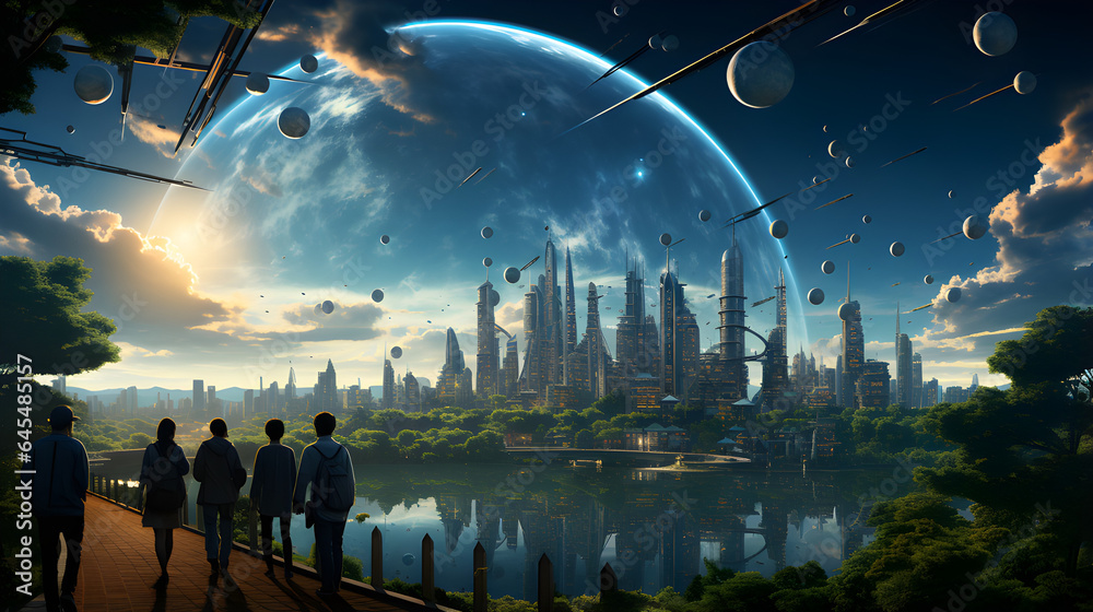 Step into the future with this visionary image, where urban landscapes have evolved to new heights. In the year 2050, towering buildings punctuate the skyline, and skyborne vehicles gracefully travers - obrazy, fototapety, plakaty 