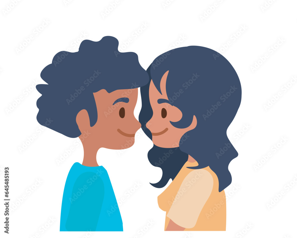 Boy and girl looking at each other romantically. Valentine Day. Brown couple in love looking at each other affectionately. Flat vector illustration isolated on transparent background.