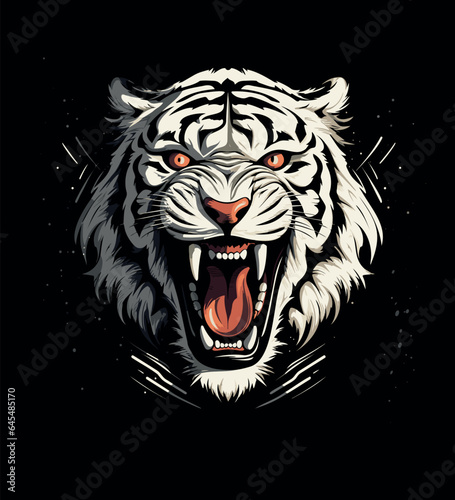 Wildes Brüllen eines räuberischen bösartigen weißen Tigers auf schwarzem Hintergrund photo