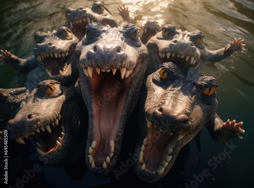 A group of crocodiles looking at the camera