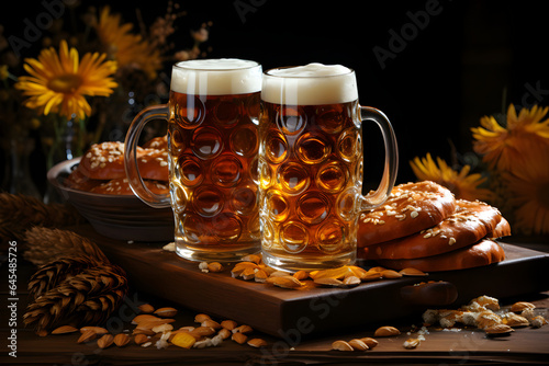 Oktoberfest beer mugs and pretzels on a wooden table, dark cozy background.