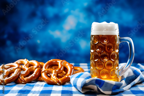 Oktoberfest beer mugs and pretzels on a wooden table with traditional towel at blue background. Copy space.